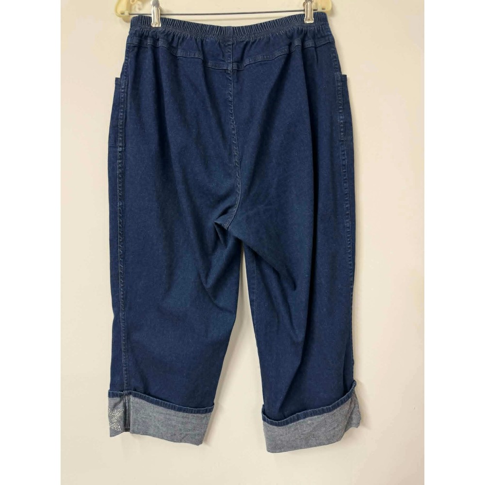 Quacker Factory 1X Blue Denim Capri Pants Rhinestone Star Elastic Waist A78296